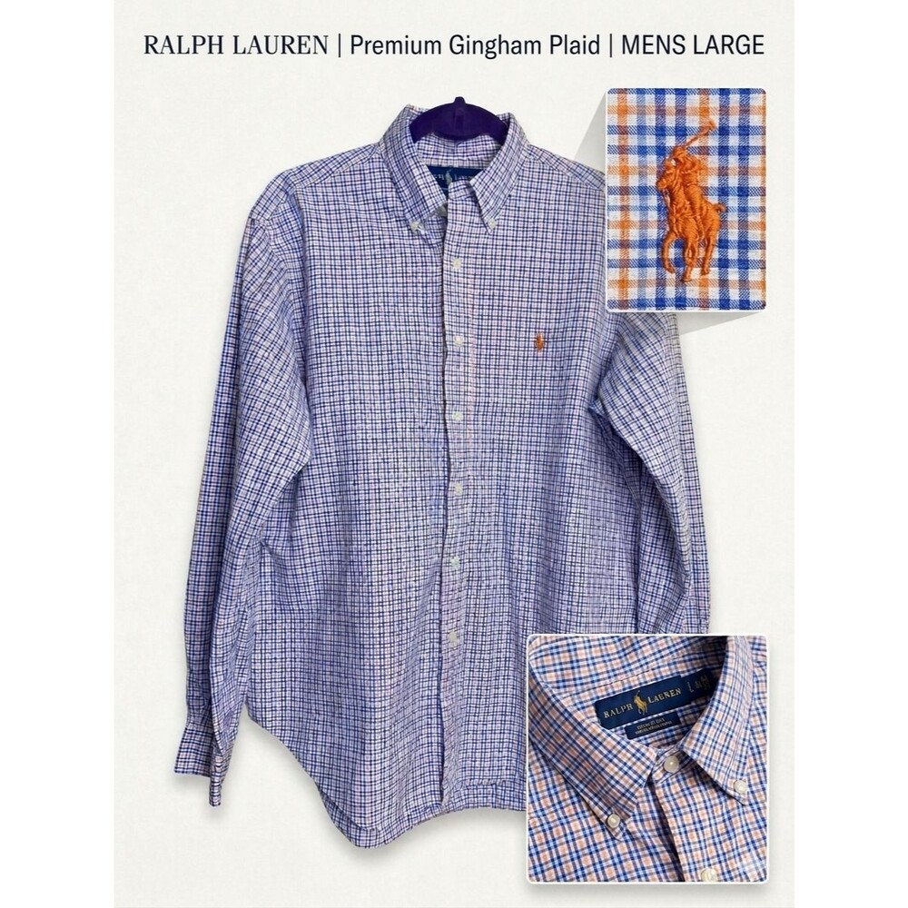 Ralph Lauren Men’s  Oxford Blue Orange Plaid Button Down Shirt Classic Fit